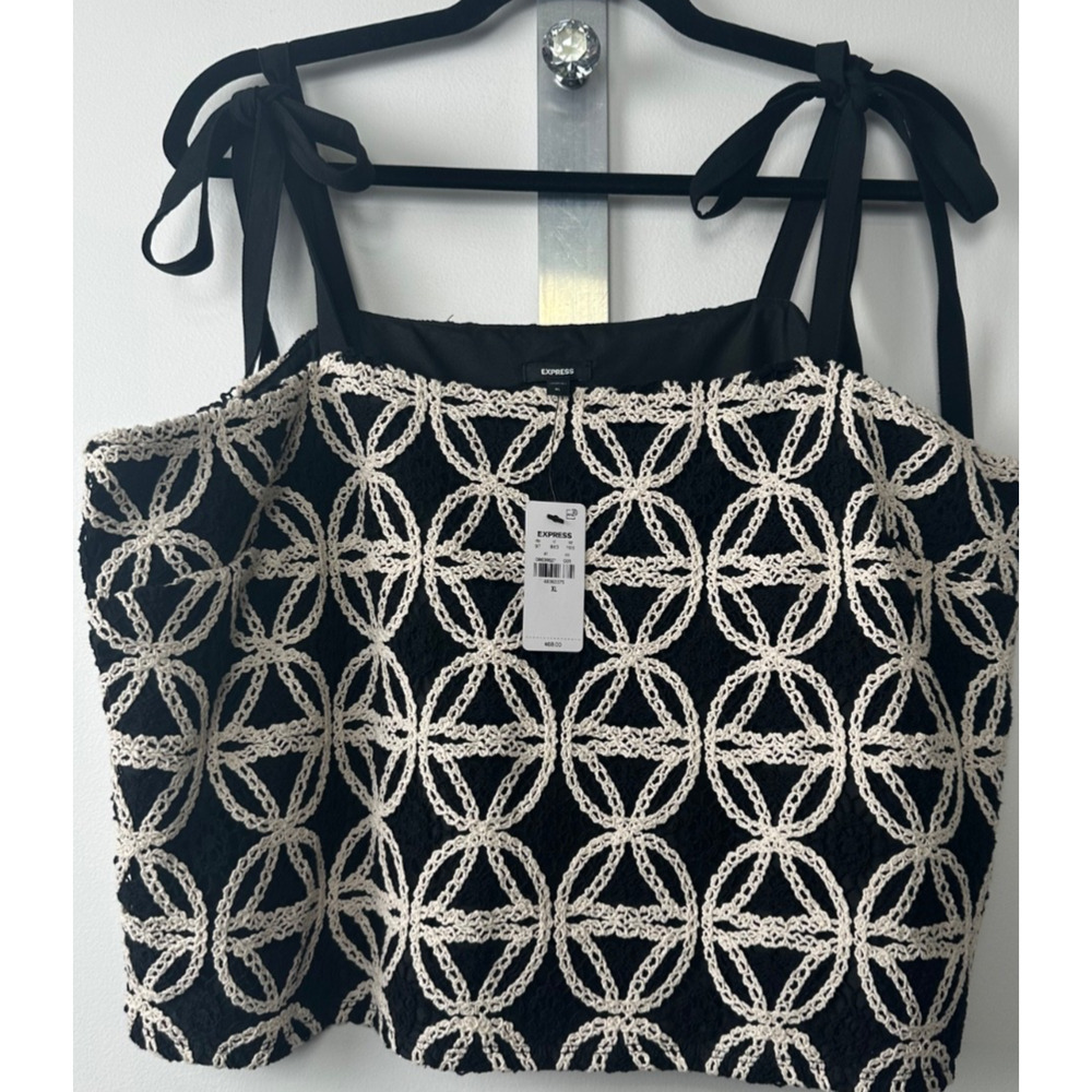 NEW Express Two-Tone Crochet Tie Strap Tank Black & White XL Crop $68 Boho E3